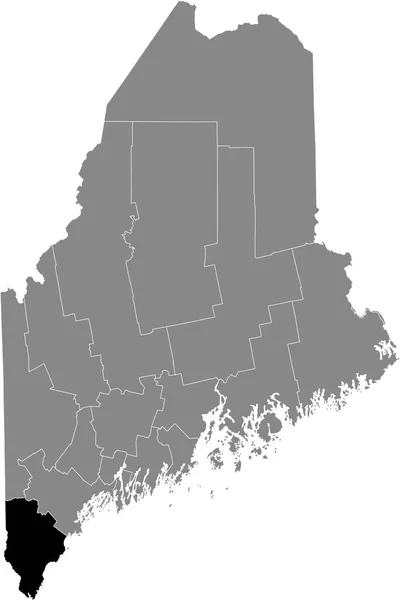 米国メイン州の灰色の地図の中のヨーク郡の黒いハイライトされた場所 — ストックベクタ