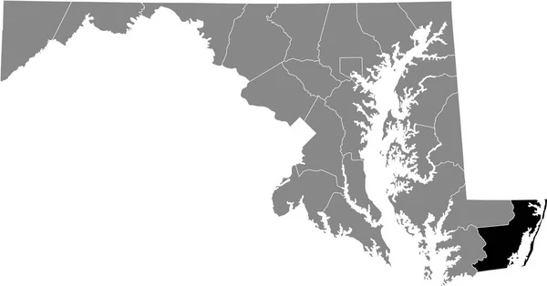 美国马里兰州内的伍斯特县灰色地图中的黑色突出显示的位置图 — 图库矢量图片