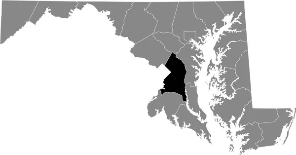 アメリカ合衆国メリーランド州の灰色の地図の中のプリンス ジョージ郡の黒いハイライトされた位置図 — ストックベクタ