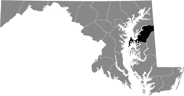 アメリカ合衆国メリーランド州の灰色の地図の中のアン女王郡の黒いハイライトされた場所の地図 — ストックベクタ