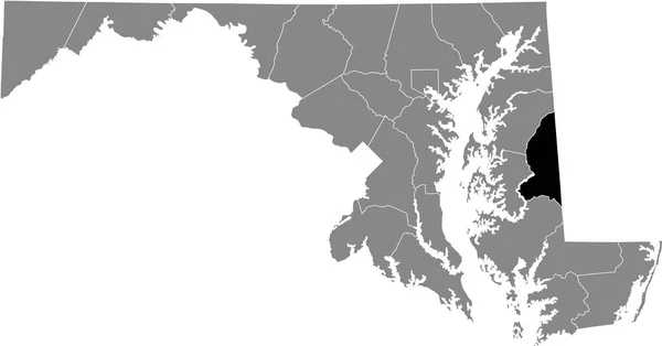 アメリカ合衆国メリーランド州の灰色の地図の中のキャロライン郡の黒いハイライトされた場所の地図 — ストックベクタ