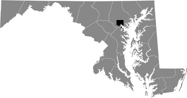 Czarna Mapa Miejscowości Baltimore City Wewnątrz Szarej Mapy Stanu Maryland — Wektor stockowy