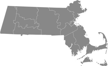 Gray vector map of the Federal State of Massachusetts, USA with white borders of its counties clipart