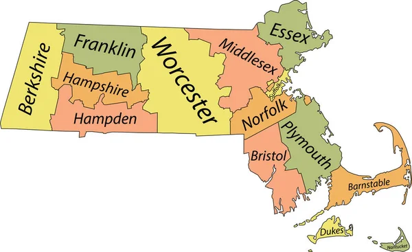 Pastel Vector Map Federal State Massachusetts Usa Black Borders Names — Archivo Imágenes Vectoriales
