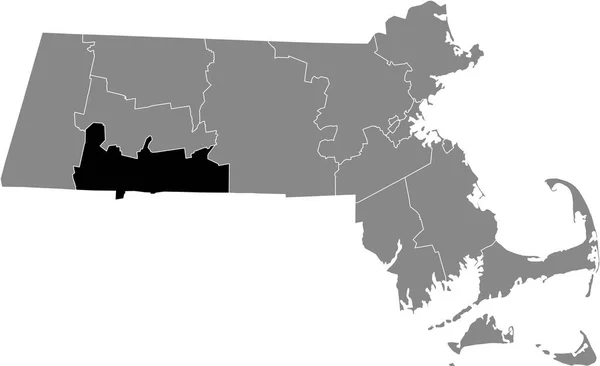 マサチューセッツ州の灰色の地図の中にあるハンプデン郡の黒いハイライトされた場所 — ストックベクタ