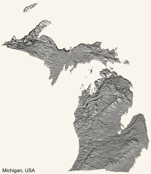 Topografická Pozitivní Reliéfní Mapa Federálního Státu Michigan Usa Černými Obrysovými — Stockový vektor