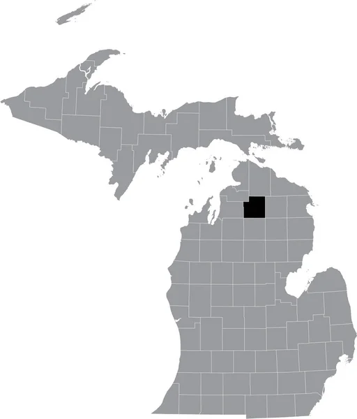 アメリカ合衆国ミシガン州の灰色の地図の中のオテーゴ郡の黒いハイライトされた場所 — ストックベクタ