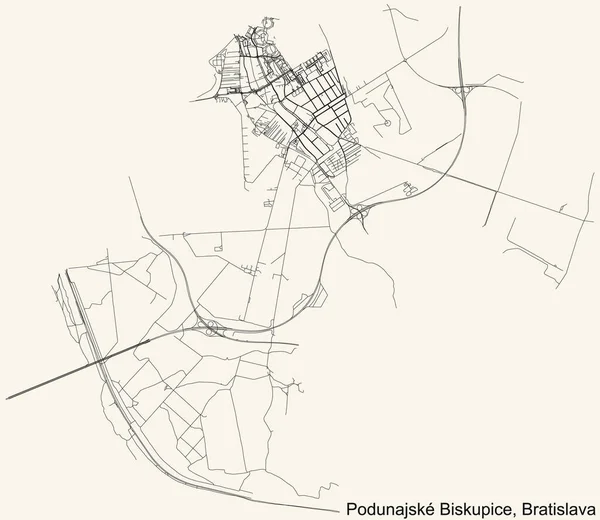 Detaillierte Straßenkarte Auf Beigem Hintergrund Des Bratislavaer Viertels Podunajsk Biskupice — Stockvektor