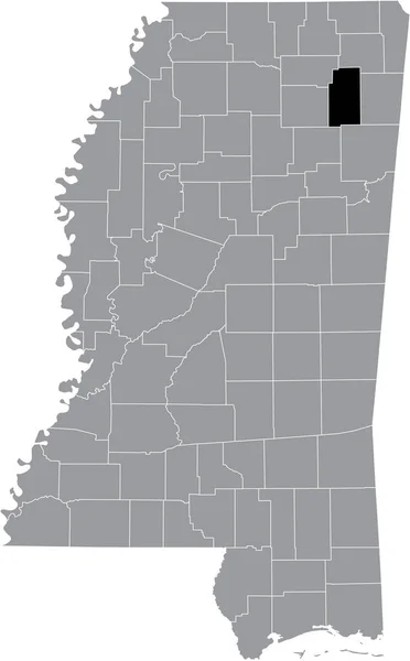 アメリカ合衆国ミシシッピ州の灰色の地図の中のリー郡の黒いハイライトされた場所 — ストックベクタ