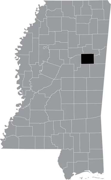 美国密西西比联邦州内的Oktibbeha县灰色地图中的黑色醒目位置图 — 图库矢量图片
