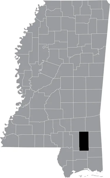 アメリカ合衆国ミシシッピ州の灰色の地図の中のペリー郡の黒いハイライトされた場所の地図 — ストックベクタ