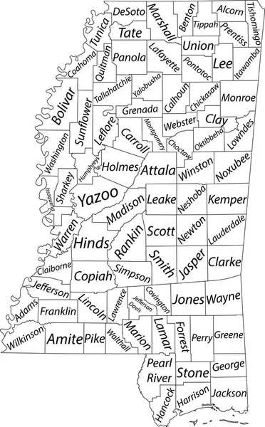 Mapa Vectorial Blanco Del Estado Federal Mississippi Con Fronteras Negras — Vector de stock