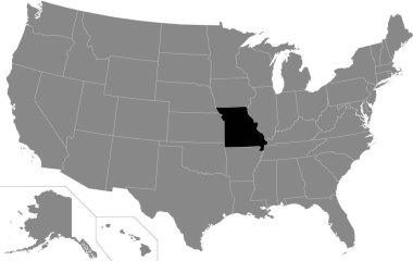Amerika Birleşik Devletleri 'nin gri haritasında ABD Federal Eyaleti Missouri' nin siyah altı çizili konumu