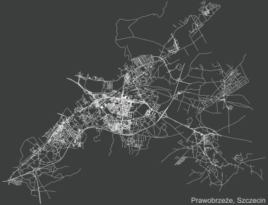 Polonya 'nın bölgesel başkenti Szczecin, Polonya' nın çeyrek Prawobrzee bölgesinin koyu gri arkaplan üzerinde ayrıntılı olumsuz navigasyon kentsel yol haritası