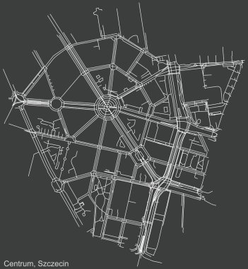 Polonya 'nın bölgesel başkenti Szczecin, Polonya' nın çeyrek Centrum (Merkez) belediye mahallesinin koyu gri arkaplan üzerinde ayrıntılı olumsuz navigasyon kentsel yol haritası