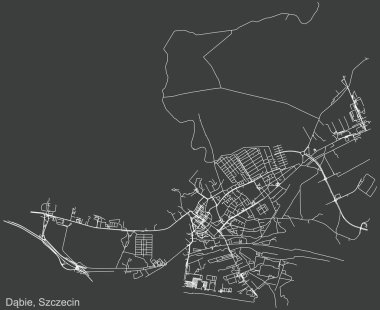 Polonya 'nın bölgesel başkenti Szczecin, Polonya' nın çeyrek Dbie belediye semtinin koyu gri arka plan üzerinde ayrıntılı olumsuz navigasyon kentsel yol haritası