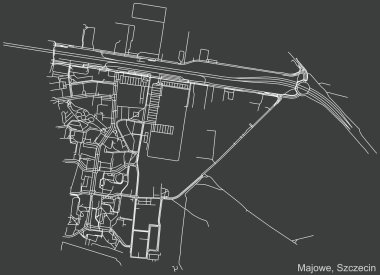 Polonya 'nın bölgesel başkenti Szczecin, Polonya' nın Majowe belediye binasının koyu gri arka planı üzerinde ayrıntılı olumsuz navigasyon kentsel yol haritası