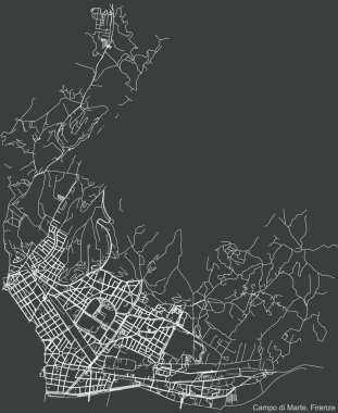 İtalya 'nın bölgesel başkenti Floransa' nın Quartiere 2 Campo di Marte bölgesinin koyu gri arka planında yer alan şehir yolu haritası