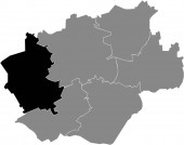 Schwarze Lagekarte des Kreises Bochum-Wattenscheid innerhalb der grauen Stadtbezirkskarte der Landeshauptstadt Bochum, Deutschland