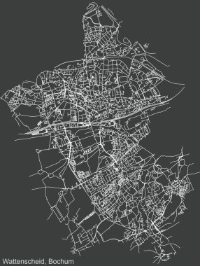 Almanya 'nın Bochum bölgesinin Bochum-Wattenscheid semtinin koyu gri arka planında yer alan şehir yolu haritası