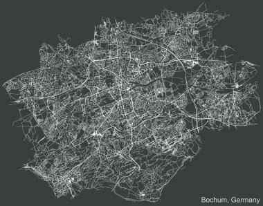 Alman bölgesel başkenti Bochum, Almanya 'nın koyu gri arka planı üzerinde ayrıntılı olumsuz navigasyon kentsel yol haritası