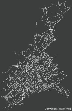 Almanya 'nın bölgesel başkenti Wuppertal' ın Vohwinkel ilçesinin koyu gri arka planı üzerinde ayrıntılı olumsuz seyrüsefer şehir yolları haritası