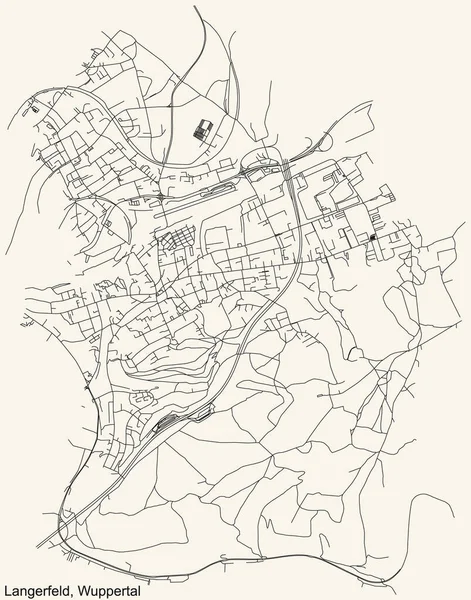 德国伍珀塔尔地区首府兰格费尔德区旧式米色背景的详细导航城市街道路线图 — 图库矢量图片