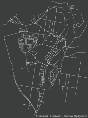 Polonya 'nın bölgesel başkenti Bydgoszcz, Polonya' nın çeyrek Smukaa-Opawiec-Janowo bölgesinin koyu gri arka planı üzerinde ayrıntılı olumsuz navigasyon kentsel yol haritası