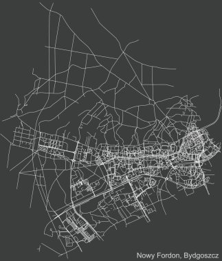Polonya 'nın bölgesel başkenti Bydgoszcz, Polonya' nın Nowy Fordon semtinin koyu gri arka planı üzerinde ayrıntılı negatif navigasyon kentsel yol haritası