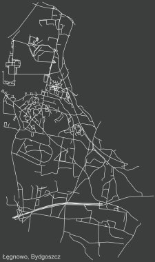 Polonya 'nın bölgesel başkenti Bydgoszcz, Polonya' nın çeyrek gnowo bölgesinin koyu gri arkaplan üzerinde ayrıntılı olumsuz navigasyon kentsel yol haritası