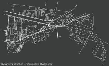 Polonya 'nın bölgesel başkenti Bydgoszcz, Polonya' nın çeyrek Bydgoszcz Wschd-Siernieczek bölgesinin koyu gri arka planı üzerinde ayrıntılı olumsuz navigasyon şehir yolları haritası