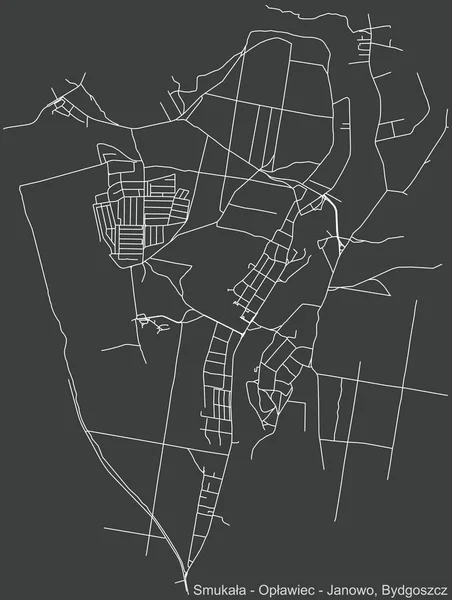 Polonya 'nın bölgesel başkenti Bydgoszcz, Polonya' nın çeyrek Smukaa-Opawiec-Janowo bölgesinin koyu gri arka planı üzerinde ayrıntılı olumsuz navigasyon kentsel yol haritası