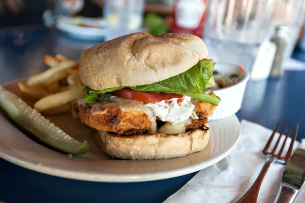 Sandwich di pesce fritto con patatine fritte — Foto Stock