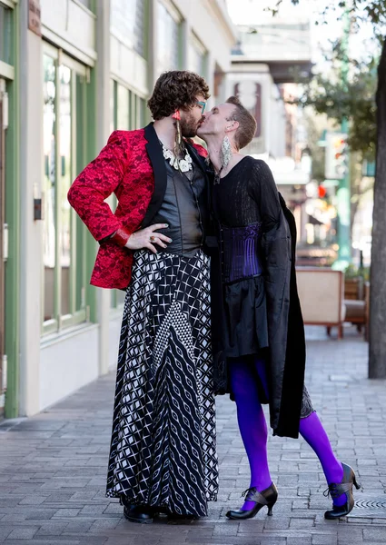 Dramatic Young Gender Fluid Men Kissing — Stock Photo, Image