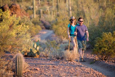 Two Afternoon Hikers on Rugged Desert Trail clipart