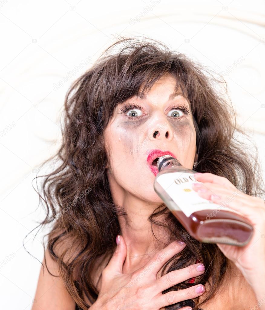 Drunk Woman with Whiskey Bottle 