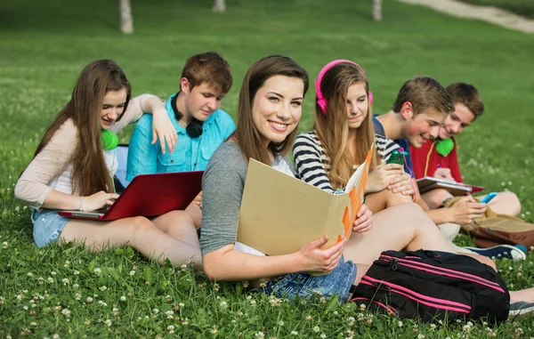 Estudiante sonriente con amigos —  Fotos de Stock