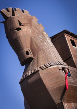 Woman Inside of Reconstructed Trojan Horse clipart