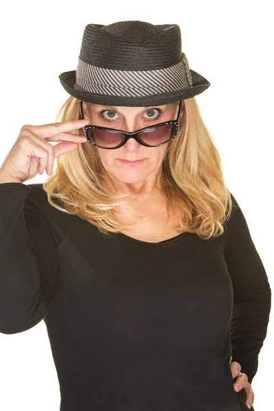 Lady Looking Over Sunglasses — Stock Photo, Image
