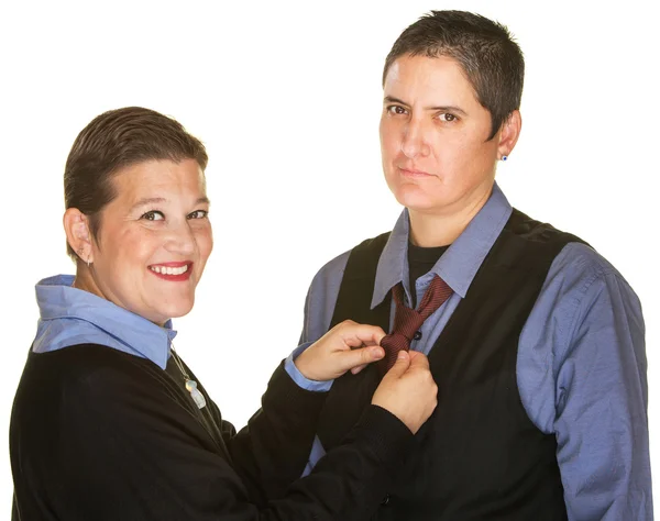 Female Fixing Tie For Spouse — Stock Photo, Image