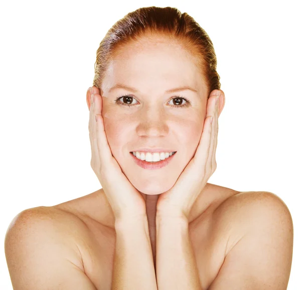 Mujer sonriente sosteniendo la cara — Foto de Stock