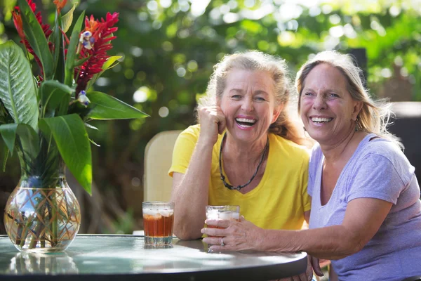 Lachende Freunde am Tisch in maui — Stockfoto