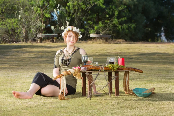 Lady in Wreath at Pagan Altar — Stock Photo, Image