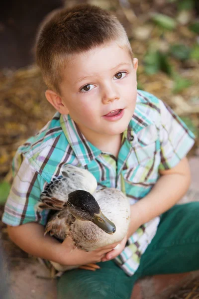 Çok güzel çocuk ördek ile — Stok fotoğraf