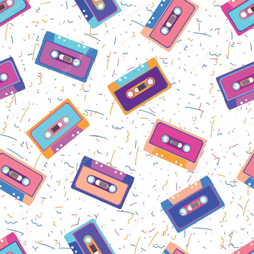 Retro cassettes in flat style. Seamless pattern. Vector illustration.