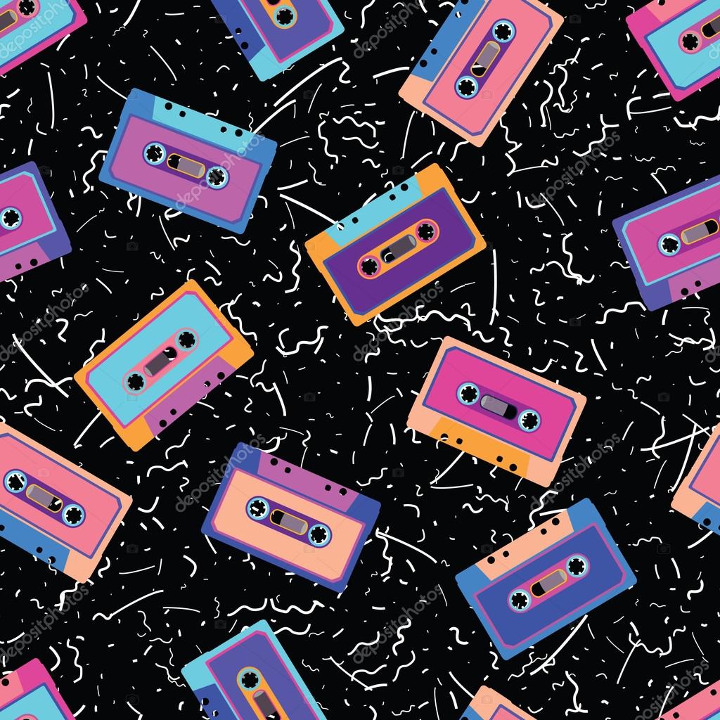 Retro cassettes in flat style. Seamless pattern. Vector illustration.
