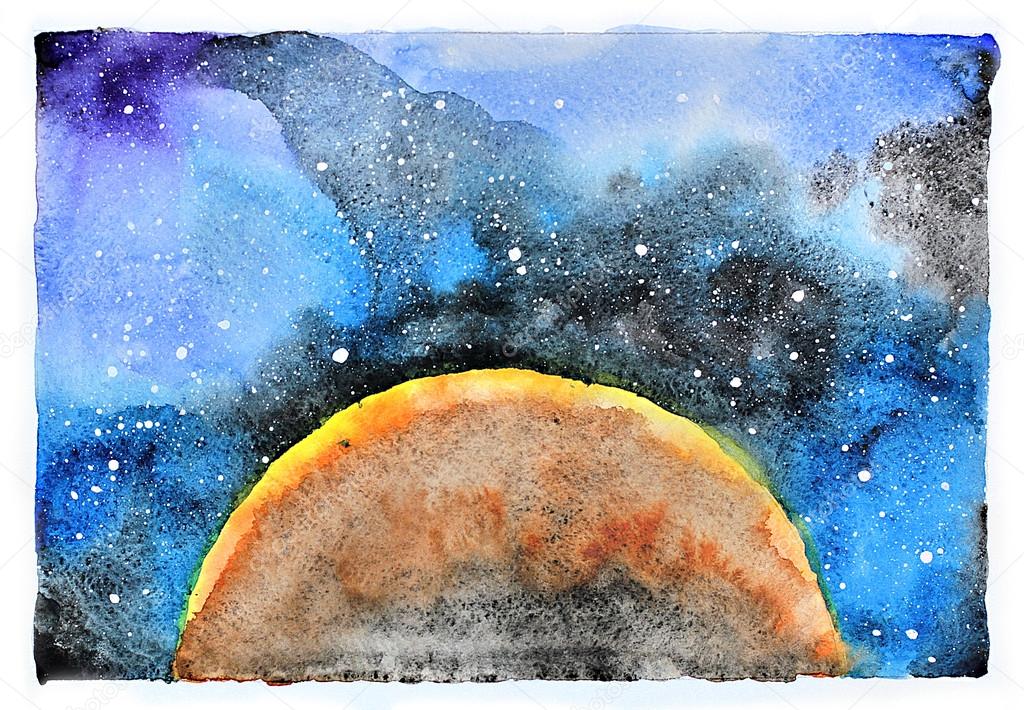 Watercolor galaxy illustration. Planet Mars.