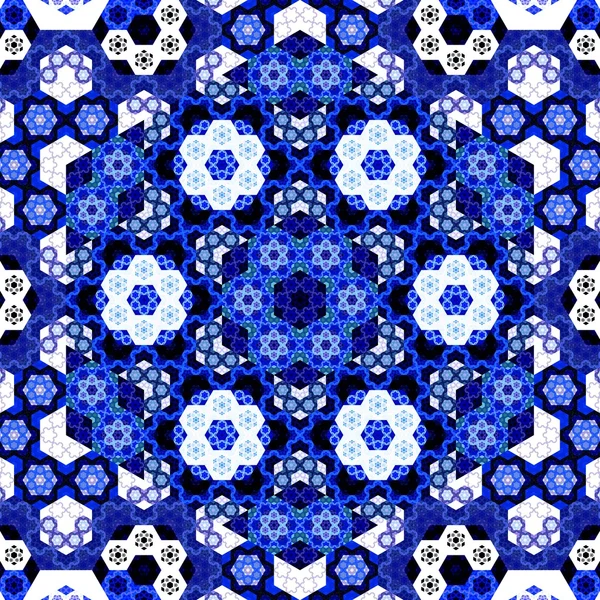 Mosaïque fractale hexagonale bleue symétrique abstraite — Photo