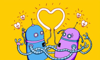 Birbirini seven iki robotun görüntüsü.