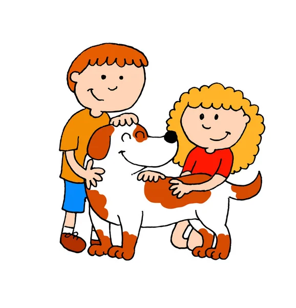 Ilustración Niño Una Niña Acariciando Perro — Foto de Stock